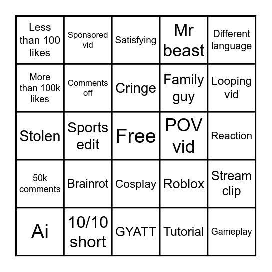 Yt shorts bingo Card