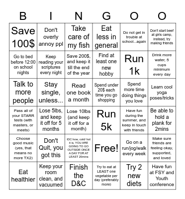 New years resolutions Bingo Card