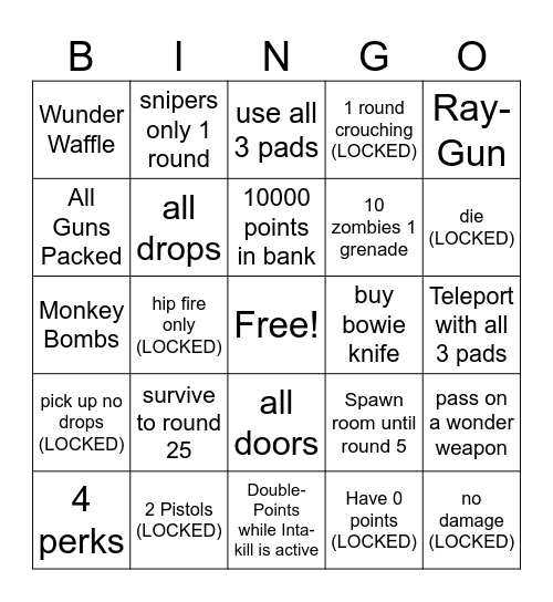 COD Zombies Bingo Card
