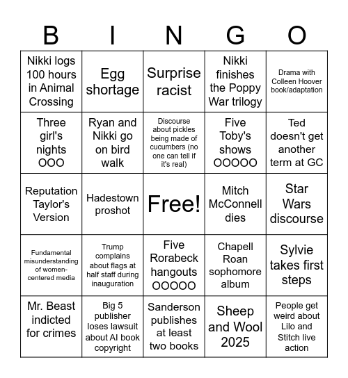 Nikki's 2025 Bingo Card