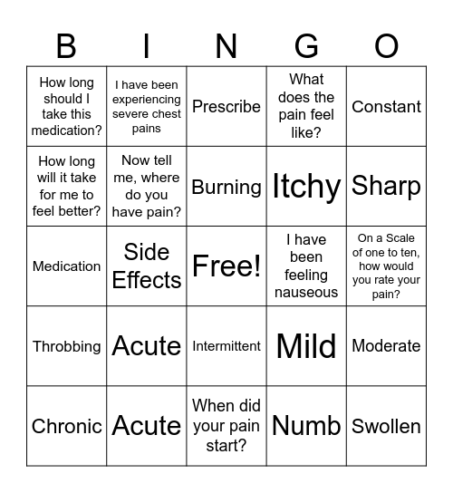 Describing Symptoms Bingo Card