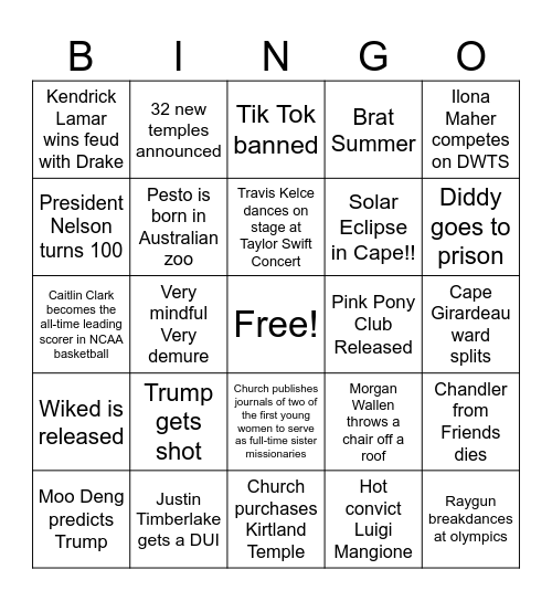 2024 Unhinged Bingo Card