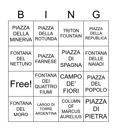 PIAZZAS AND FOUNTAINS Bingo Card