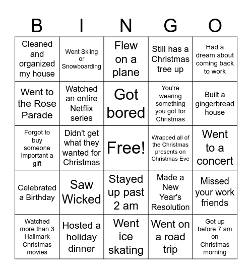 Winter Break Bingo Card