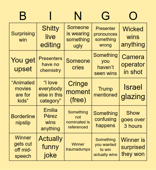golden globes bingo Card