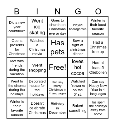 CHRISTMAS + NEW YEAR BINGO: find someone who... Bingo Card