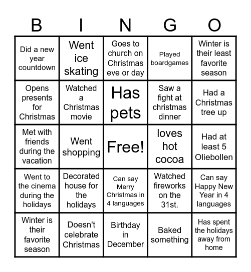 CHRISTMAS + NEW YEAR BINGO: find someone who... Bingo Card