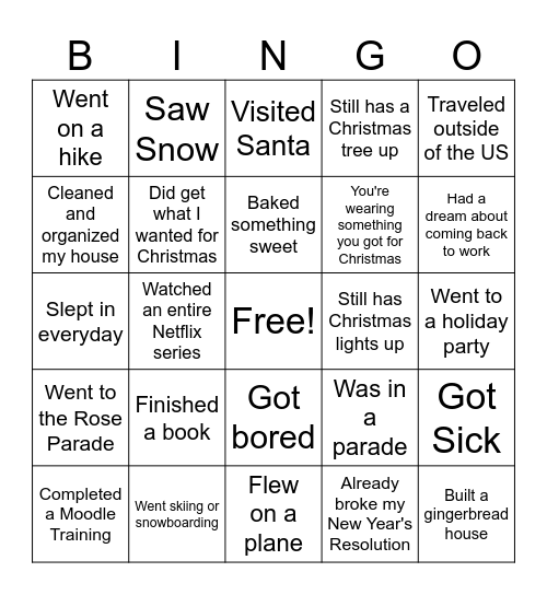 Winter Break Bingo Card