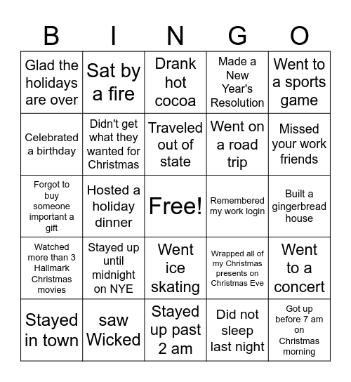 Winter Break Bingo Card