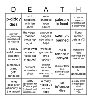 pop culture bingo Card