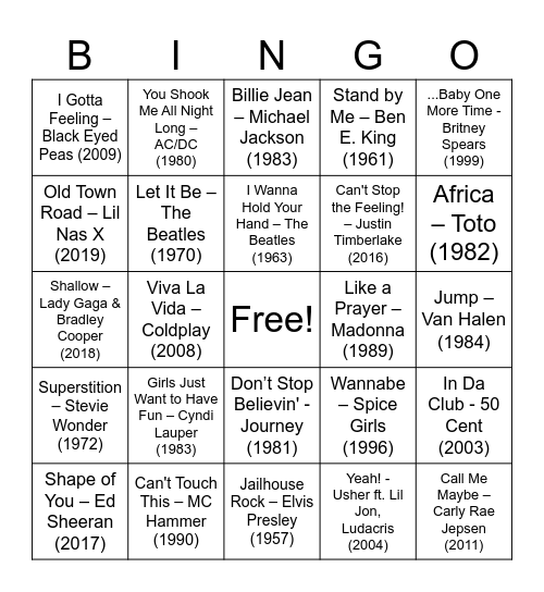 Music Bingo Card