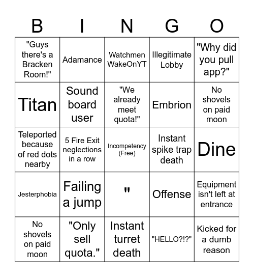 Lethal Company Public Lobby Bingo Card
