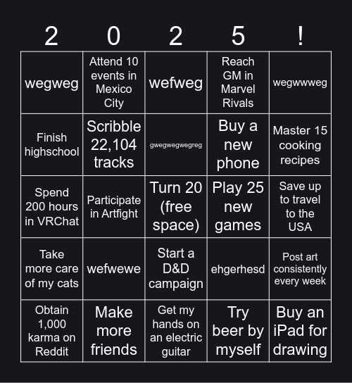 2025 Resolutions Bingo Card