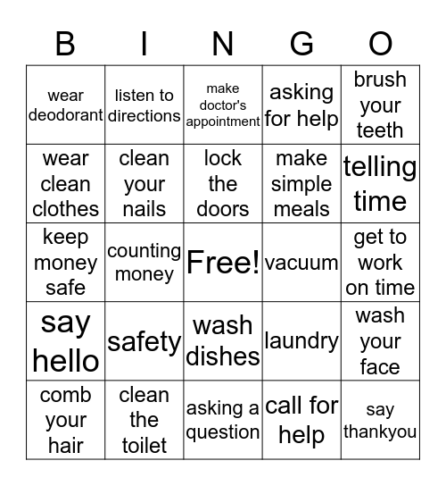 Life skills Bingo Card