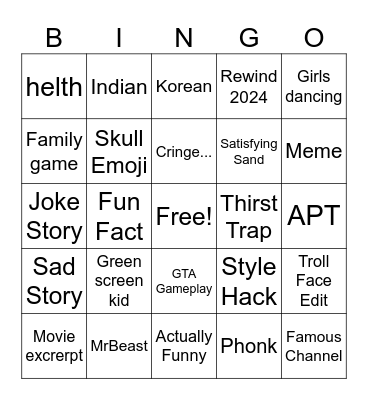 yt shorts Bingo Card