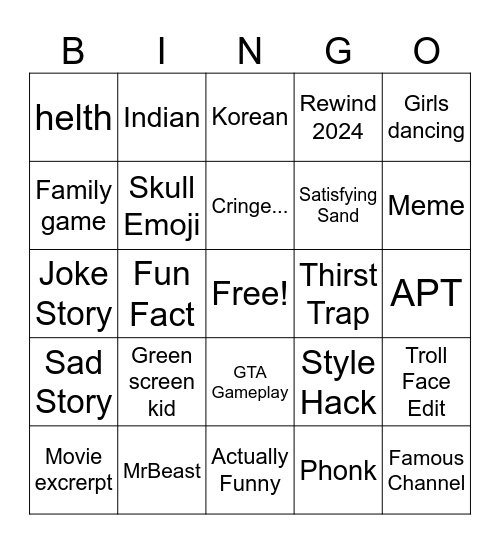 yt shorts Bingo Card