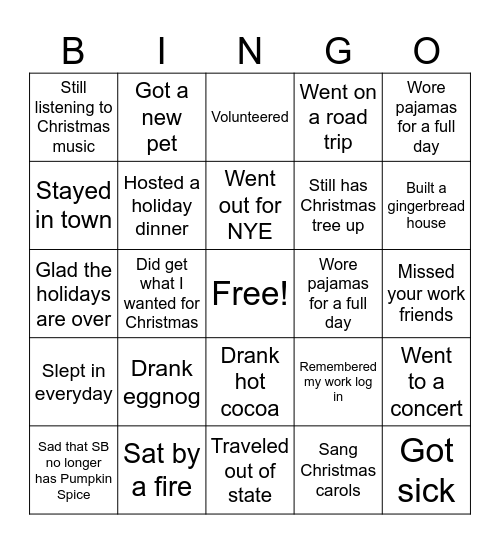 Winter Break Bingo Card