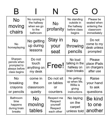 Classroom Expectations Bingo Card
