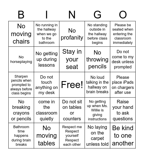 Classroom Expectations Bingo Card