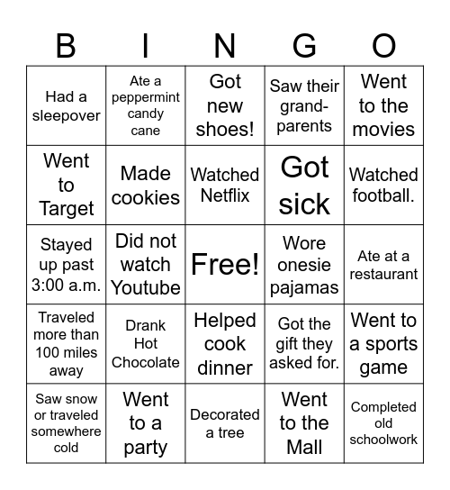 Welcome Back from Winter Break Bingo Card