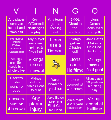 VIKINGS vs PACKERS STEINBECK BINGO Card