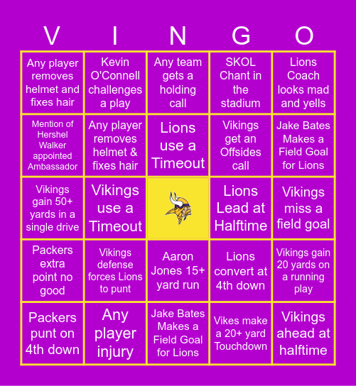 VIKINGS vs PACKERS STEINBECK BINGO Card