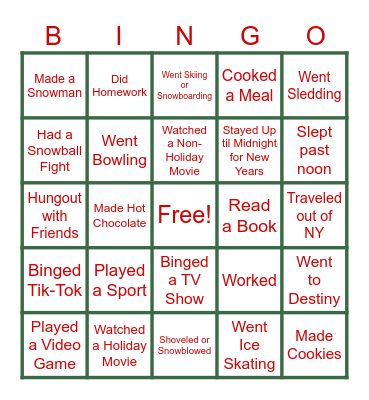 Holiday Break Bingo Card