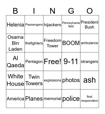 September 11th, 2001 Bingo Card