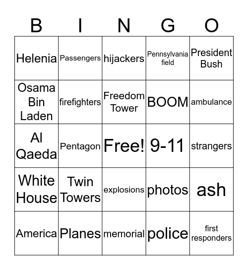 September 11th, 2001 Bingo Card