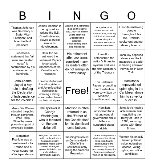 America's Founders Bingo Card
