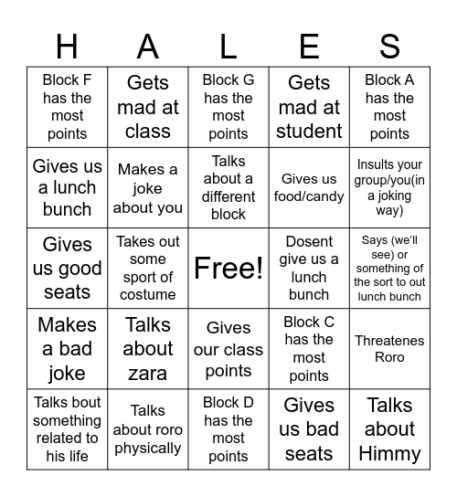 Mr.Hales Bingo Card