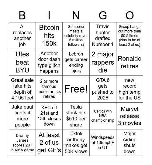 Medium bingo Sheet  #2 Bingo Card