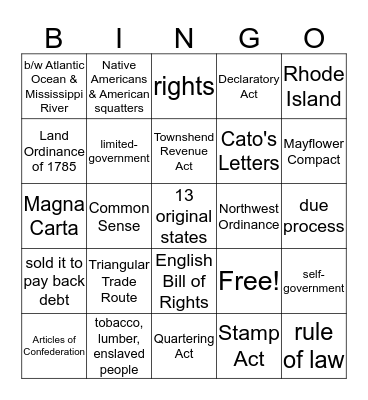 Road to the Constitution Bingo Card