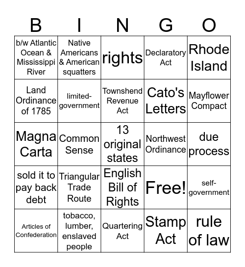 Road to the Constitution Bingo Card