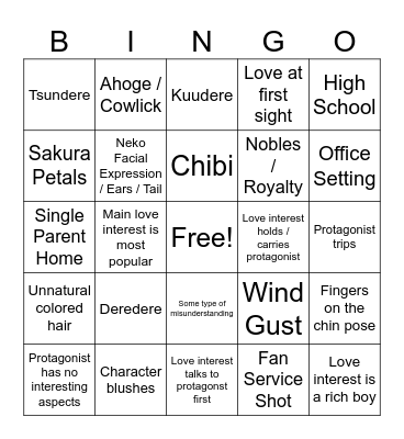 Shojo Romance Anime Bingo Card