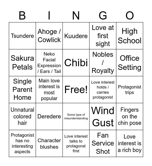 Shojo Romance Anime Bingo Card