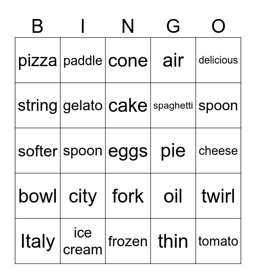Italian foods Bingo Card