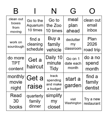 Shelby's New Years Goals Bingo Card