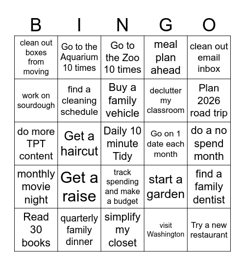 Shelby's New Years Goals Bingo Card