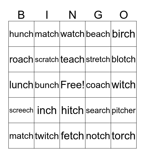 -tch / -ch Bingo Card