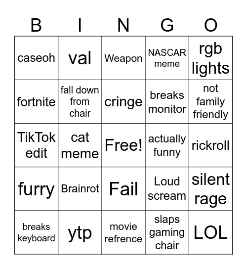 try not laugh/rage comp Bingo Card