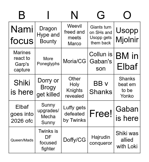 One Piece 2025 Bingo Card