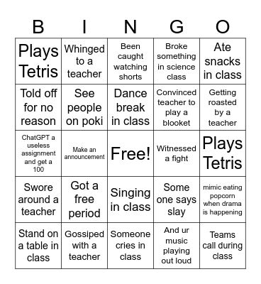 Year 8 school bingo Card
