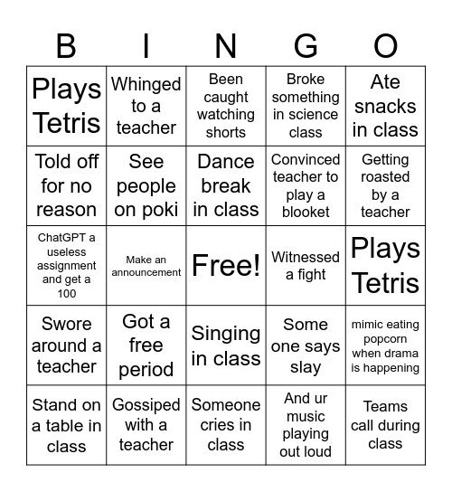 Year 8 school bingo Card