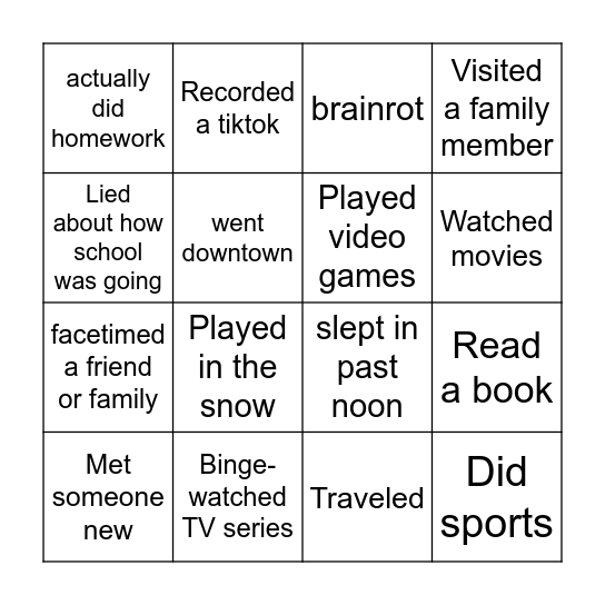 Winter Break Bingo Card