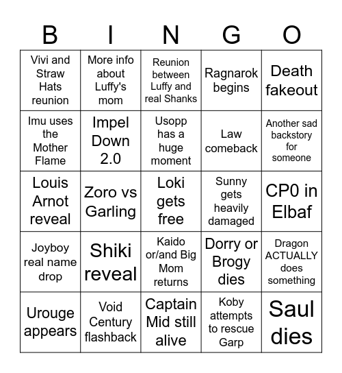 Word's One Piece 2025 bingo Card