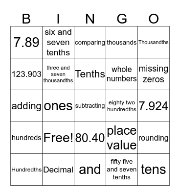 Decimal Bingo Card