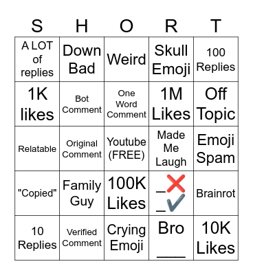 Youtube Comments Bingo Card