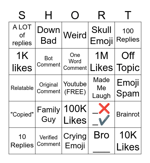 Youtube Comments Bingo Card