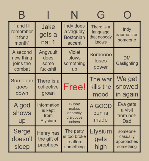 Reign of Fire BINGO Card